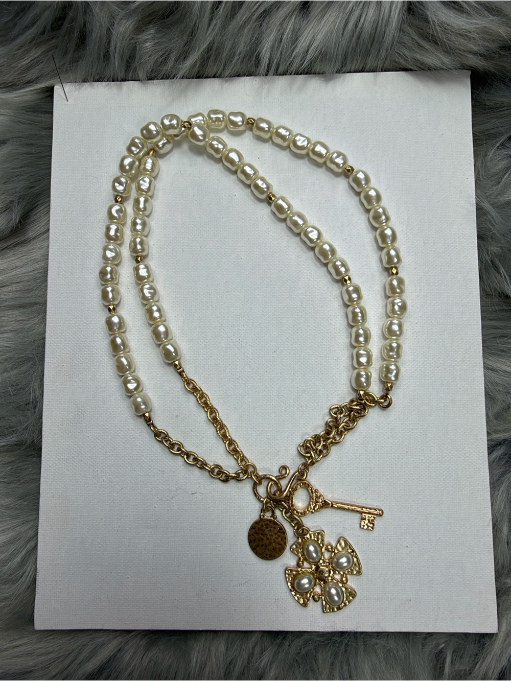 Chico’s 18” Double Strand Faux Pearl Gold Tone Key Charm Statement Necklace
